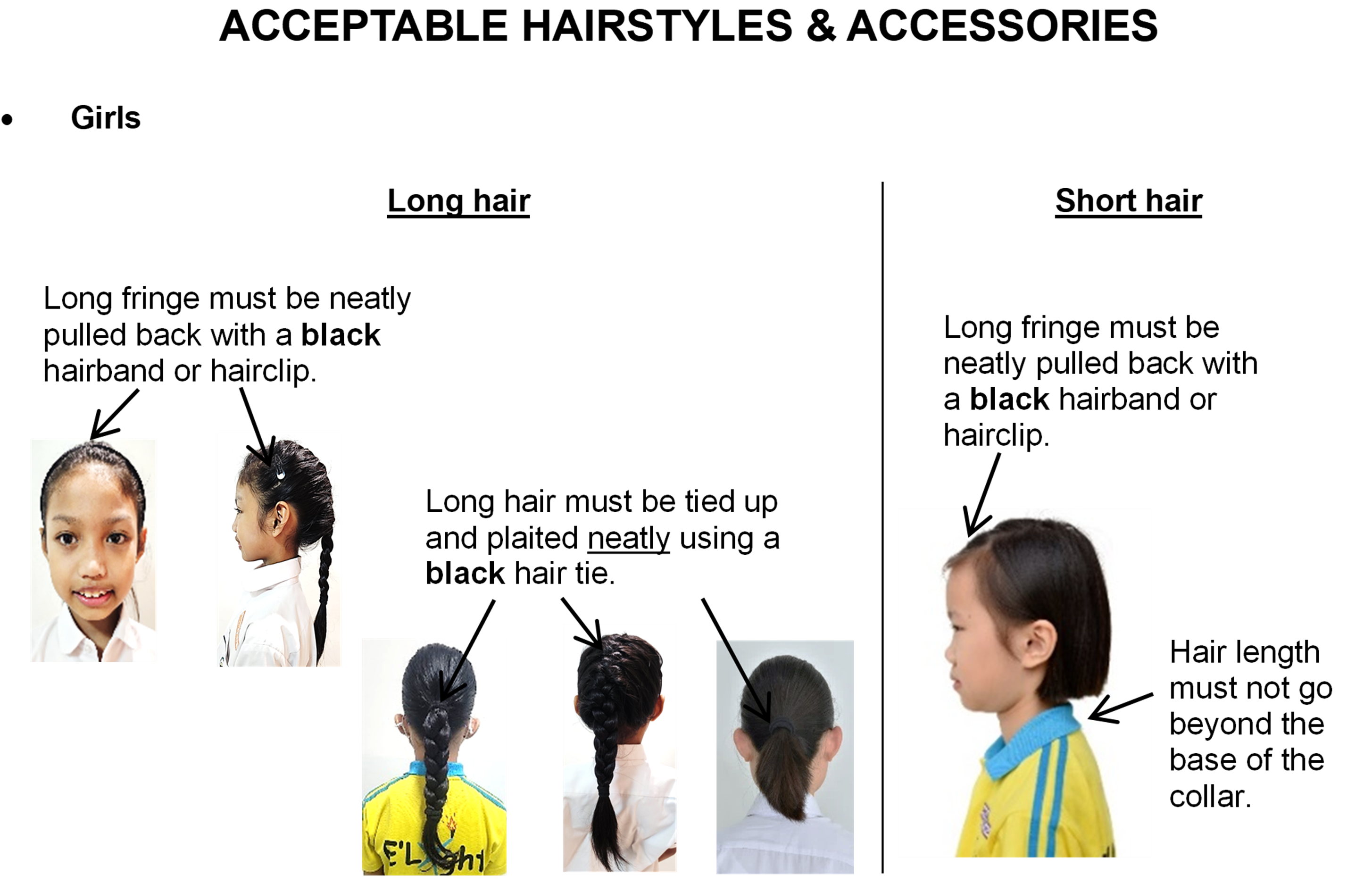 An infographic showing girls' hair guidelines. Long hair must be neatly tied up and plaited with a black hair tie. Short hair must not go beyond the base of the collar. Any long fringe must be pulled back with a black hairband or hairclip.